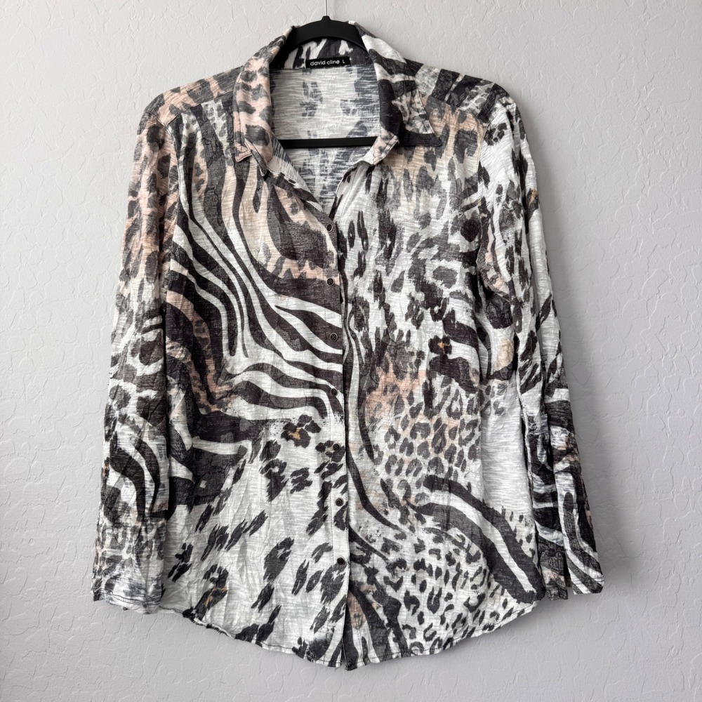 David Cline Large Snap Button Down Black White Tan Long Sleeve Animal Print Top